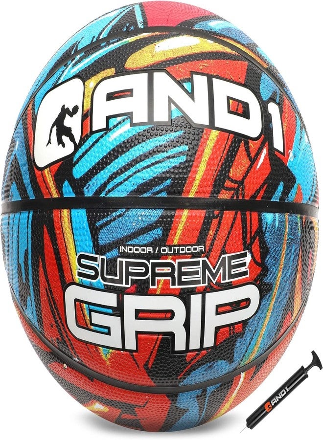 AND1 Supreme Grip Rubber Basketball & Pump- Official Size 7 (29.5”) Streetball, Made for Indoor and Outdoor Basketball Games (Blue/Red), 5A1BK0143N9E2 - Image 1